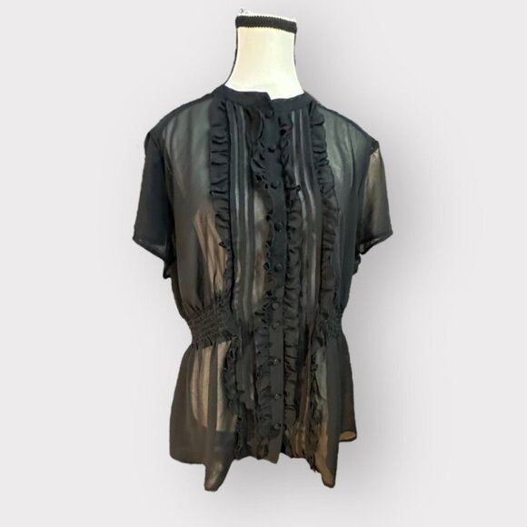 Women’s Retro Torrid 1 Black Sheer Ruffle Button Down Banded Waist Top 1X 1XL - Picture 4 of 10